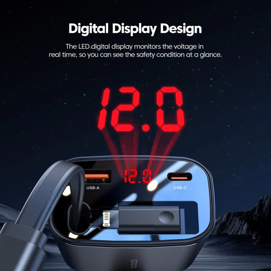 Toocki 105 W Retractable 4‑in‑1 Car Charger with LED Display