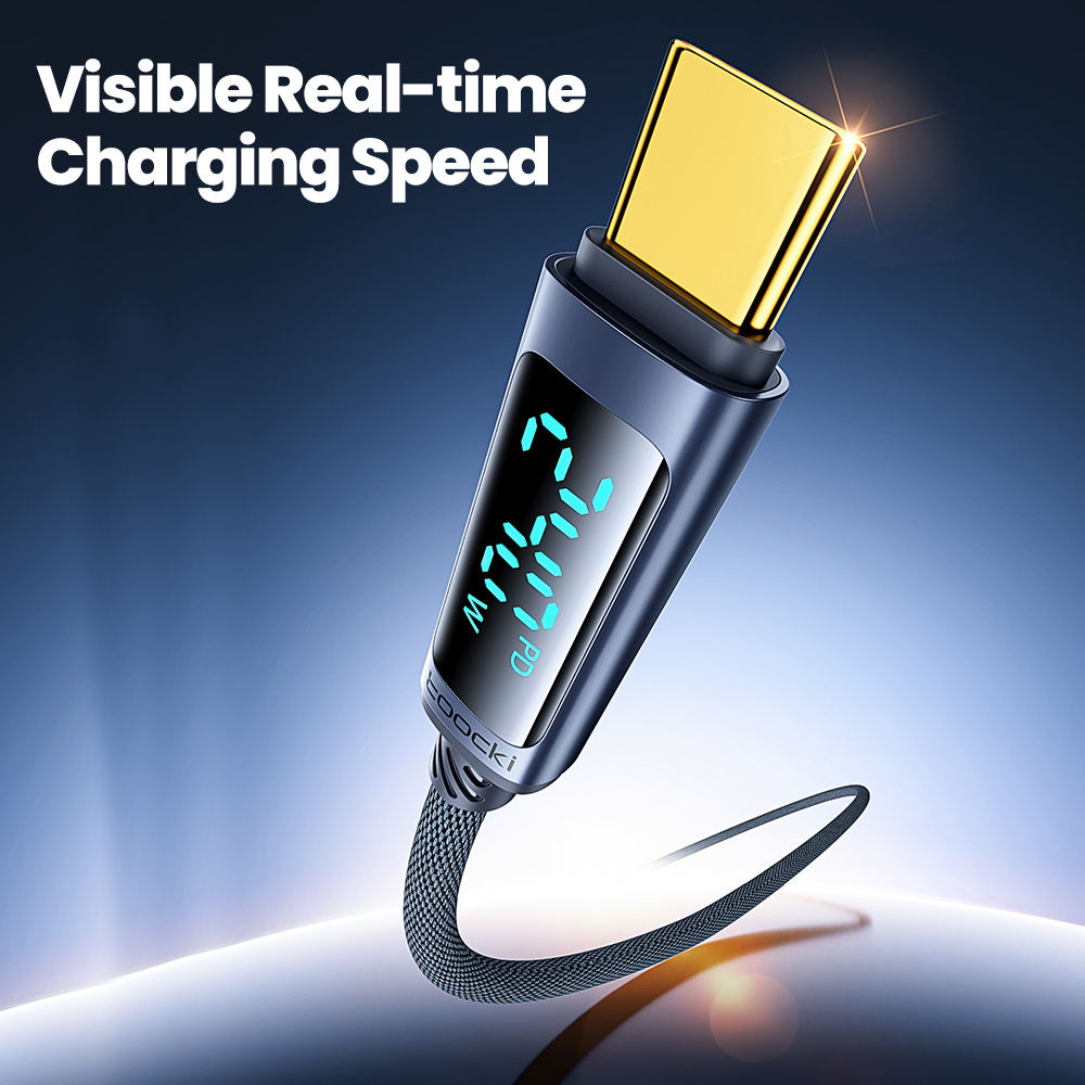 Toocki 240 W USB‑C to USB‑C Braided Cable with Digital Wattmeter