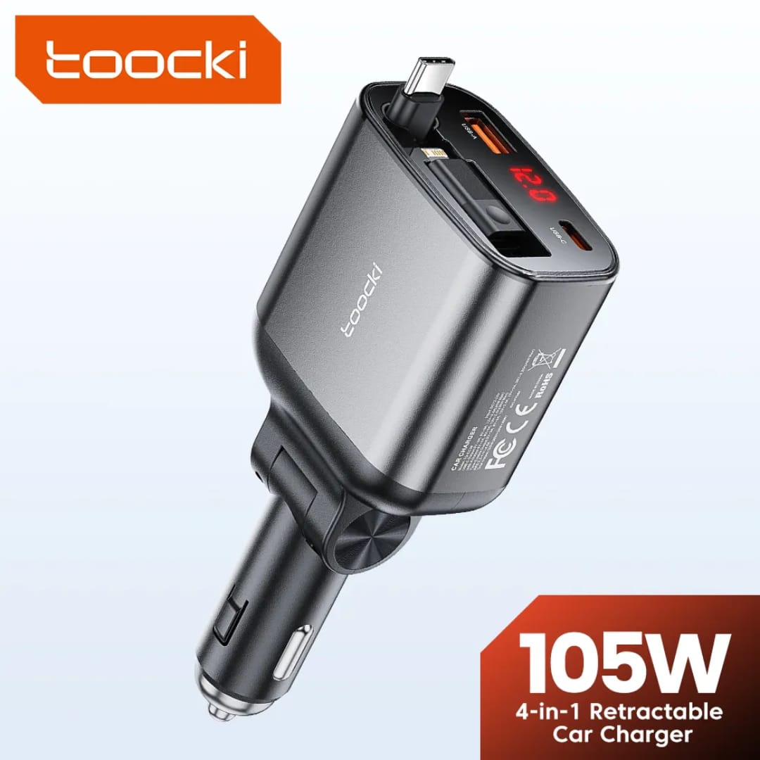 Toocki 105 W Retractable 4‑in‑1 Car Charger with LED Display