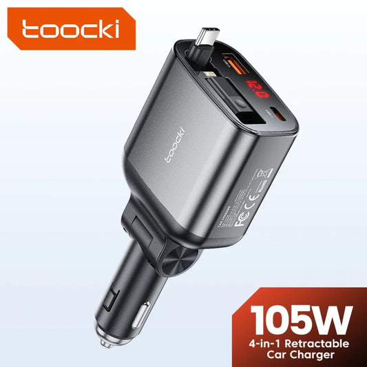 Toocki 105 W Retractable 4‑in‑1 Car Charger with LED Display
