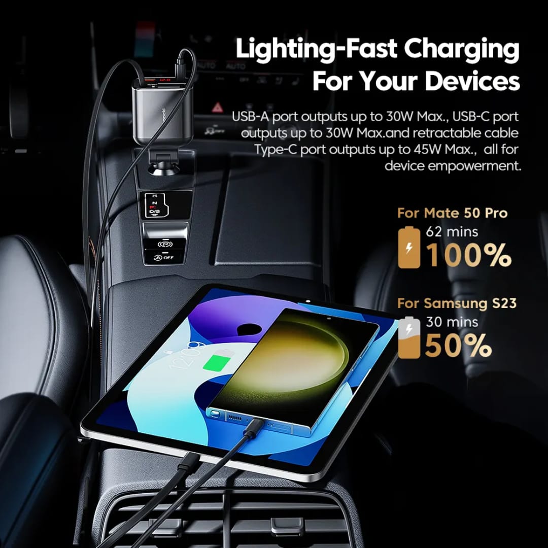 Toocki 105 W Retractable 4‑in‑1 Car Charger with LED Display